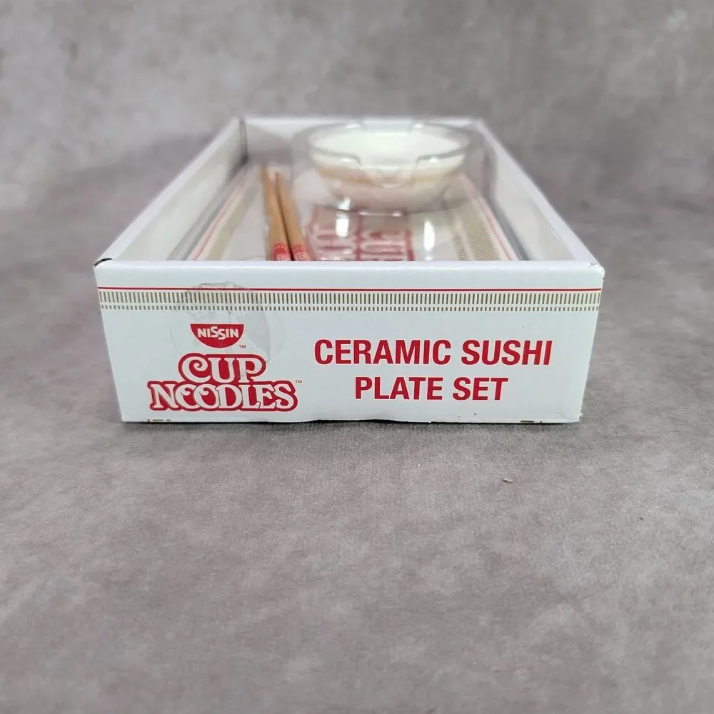 Nissin Cup Noodles Ceramic Sushi Plate Set Sauce Dish Chopsticks Silver Buffalo